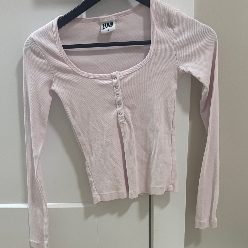 Harlow Light Pink Scoop Neck Ribbed Henley Long Sleeve Top Size Small